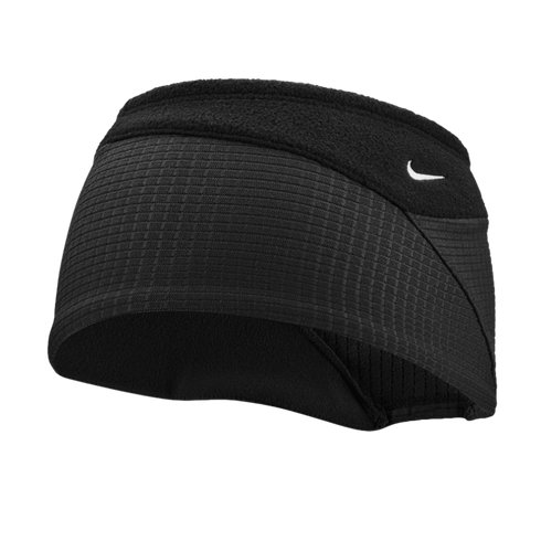 Black Nike cold-weather headband featuring a textured grid pattern, fleece top edge, and a small white Nike swoosh logo on the side.