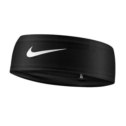 A black Nike athletic headband with a white swoosh logo centered on the front.