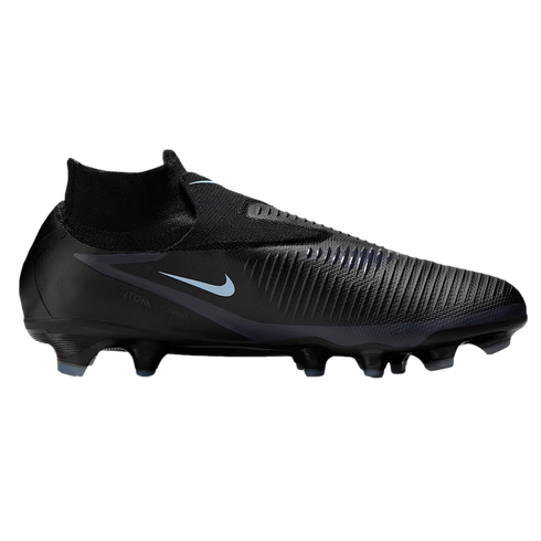 Side view of a black Nike Phantom Venom Elite soccer cleat with a light blue swoosh and high-top Flyknit collar, shown against a black background.
