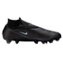 Side view of a black Nike Phantom Venom Elite soccer cleat with a light blue swoosh and high-top Flyknit collar, shown against a black background.