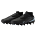Pair of black laceless Nike soccer cleats with light blue accents and a textured upper on a black background.