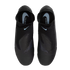 Top-down view of black Nike Phantom soccer cleats with light blue branding and ribbed texture on the upper, set against a black background.