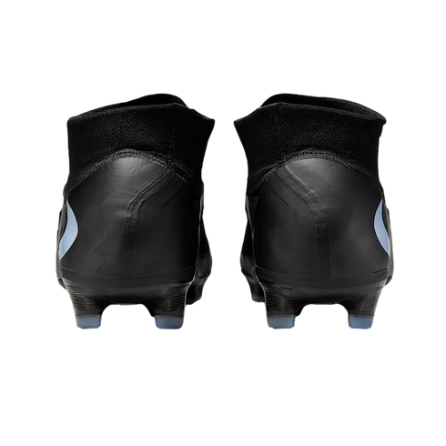 Rear view of a pair of black high-top soccer cleats with light blue swoosh logos and clear-tipped studs.