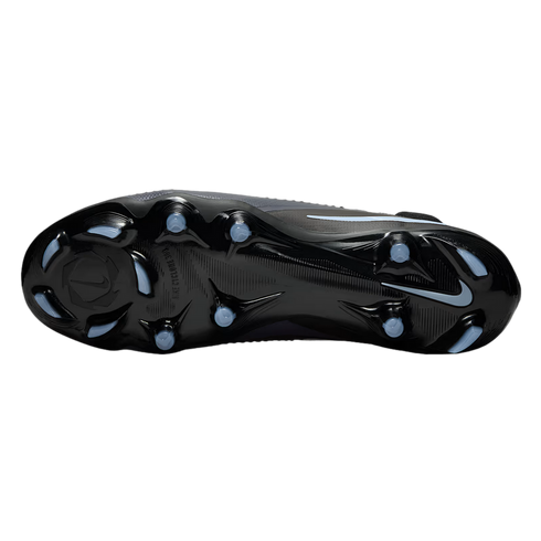 Bottom view of a black Nike soccer cleat, showing a firm ground soleplate with light blue studs and the Nike Swoosh logo.