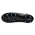 Bottom view of a black Nike soccer cleat, showing a firm ground soleplate with light blue studs and the Nike Swoosh logo.