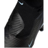 Close-up of a black Nike soccer cleat featuring a textured upper and light blue swoosh logos.