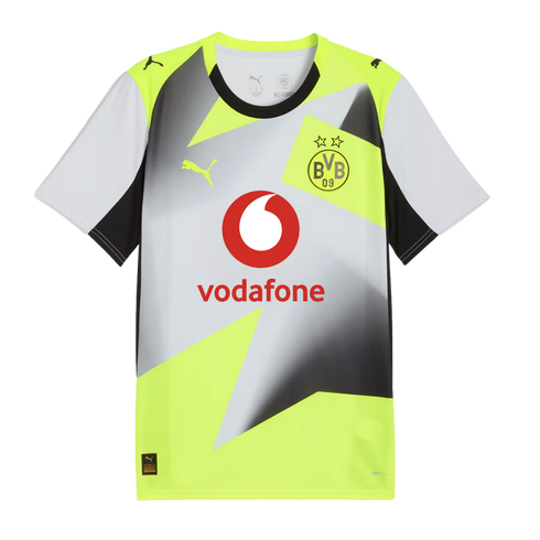 Fluorescent yellow, white, and black Puma soccer jersey with a geometric design. Features the BVB 09 crest and a red Vodafone logo in the center.