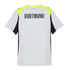 Back of a white Puma soccer jersey featuring large black "DORTMUND" text, neon yellow shoulder panels, and black side inserts.