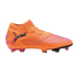 Side profile of a neon orange and pink Puma soccer cleat with a textured upper and mid-cut collar against a black background.