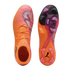 Top and soleplate views of vibrant orange and pink Puma soccer boots with a textured upper and translucent studs, isolated on a black background.