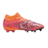 Side view of a Puma Future soccer cleat in vibrant orange and pink with silver diagonal graphics on a black background.