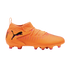 A bright orange Puma soccer cleat featuring pink accents, a textured upper, and a black leaping cat logo on a solid black background.