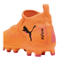 Side-back view of a bright orange Puma Future soccer cleat with pink accents, a sock-like collar, and a black Puma logo on the side.