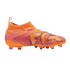 Vibrant orange and pink soccer cleat with a high ankle collar and textured upper shown in profile against a black background.