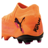 Bright orange Puma soccer cleat with a sock-like collar, black cat logo, and "PLAY FREE FUTURE" text on the heel, shown from a rear-quarter angle.