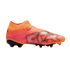 Side profile of an orange and pink Nike soccer cleat with a knitted ankle collar and large silver 'AIR' graphic on the side.