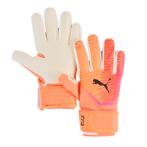 Pair of bright orange and cream Puma goalkeeper gloves, showing both the off-white latex palm and the orange backhand with black logo.