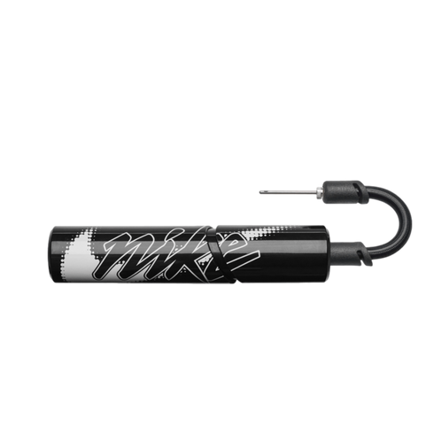 A black Nike hand pump for sports balls, featuring a white stylized logo and a flexible hose with a metal inflation needle.