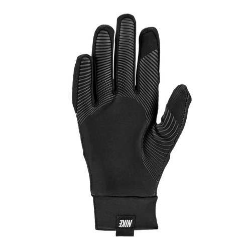 Palm-side view of a black Nike athletic glove featuring grey textured grip patterns on the fingers and palm, with a small Nike logo at the wrist.