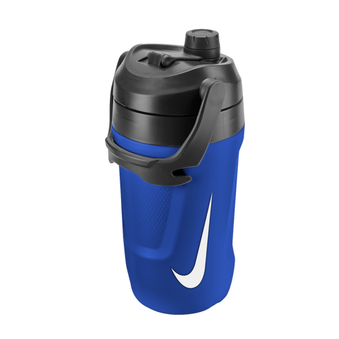 A blue Nike water jug featuring a black lid and handle, with a prominent white Nike swoosh logo on the front, set against a solid black background.