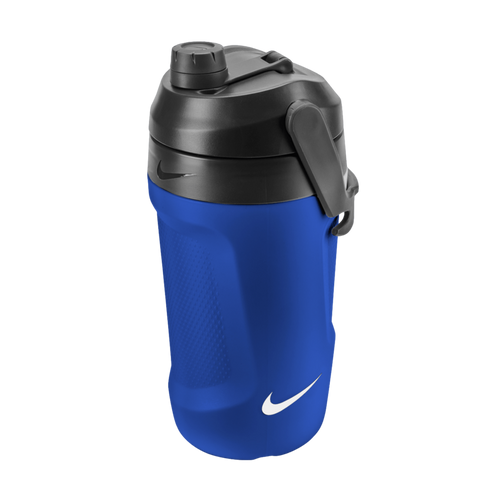 A blue Nike water bottle with a black lid, side handle, and white swoosh logo, isolated on a black background.