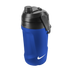 A blue Nike water bottle with a black lid, side handle, and white swoosh logo, isolated on a black background.