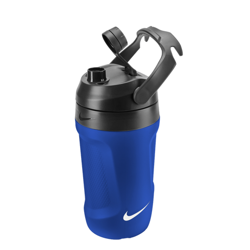 Blue Nike water bottle with a textured body, black lid, carrying handle, and white Nike swoosh logo.