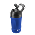 Blue Nike water bottle with a textured body, black lid, carrying handle, and white Nike swoosh logo.