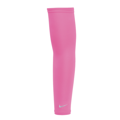 A bright pink Nike compression arm sleeve with a small white swoosh logo near the bottom, shown against a solid black background.