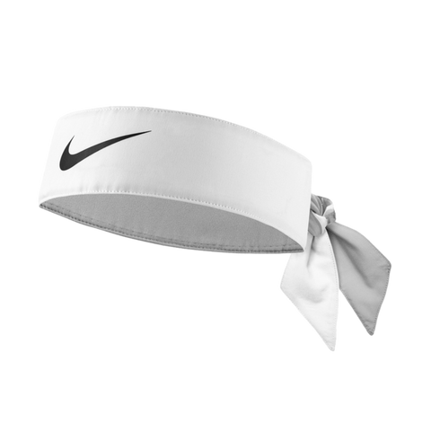 White Nike tie-back headband featuring a black swoosh logo on the front, shown against a solid black background.