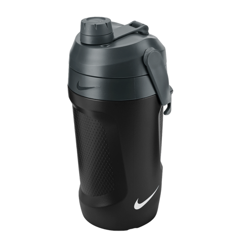 Black and grey Nike sports water bottle with a textured grip and white swoosh logo.