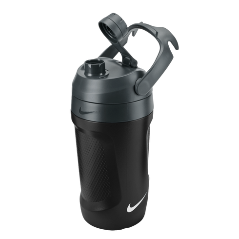 Black and grey Nike water bottle with an open flip-top lid, integrated carrying handle, and textured grip, positioned against a solid black background.