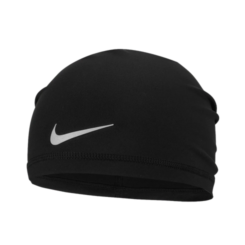 A black Nike athletic beanie with a white swoosh logo on the front.