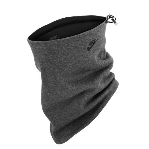 Dark grey Nike neck gaiter with a small black logo and adjustable toggle drawstring, shown against a solid black background.