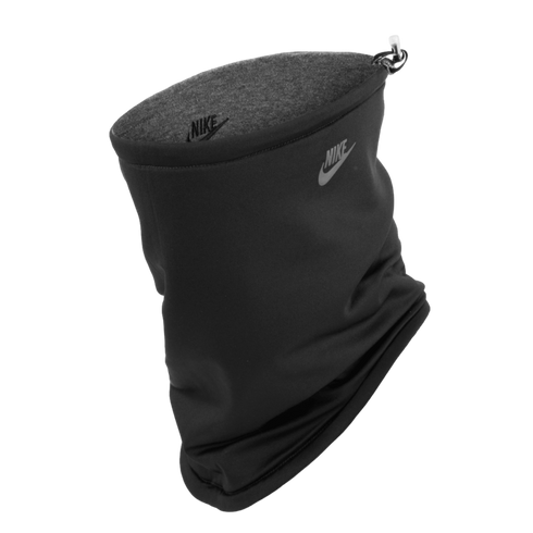 Black Nike neck gaiter with a grey fleece lining, silver Nike logo, and adjustable toggle at the top, displayed against a solid black background.