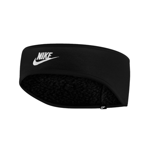 Black Nike headband featuring a white logo on the front and a textured fleece lining.