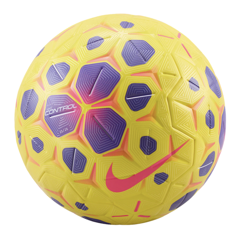 A yellow Nike football with purple geometric patterns, a pink swoosh, and textured grooves on a black background. Features "NIKE CONTROL" branding.