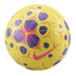 A yellow Nike football with purple geometric patterns, a pink swoosh, and textured grooves on a black background. Features "NIKE CONTROL" branding.