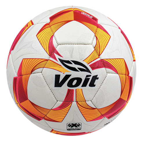 White Voit soccer ball with pink, orange, and red geometric designs, featuring the Voit brand name and the Liga MX logo.