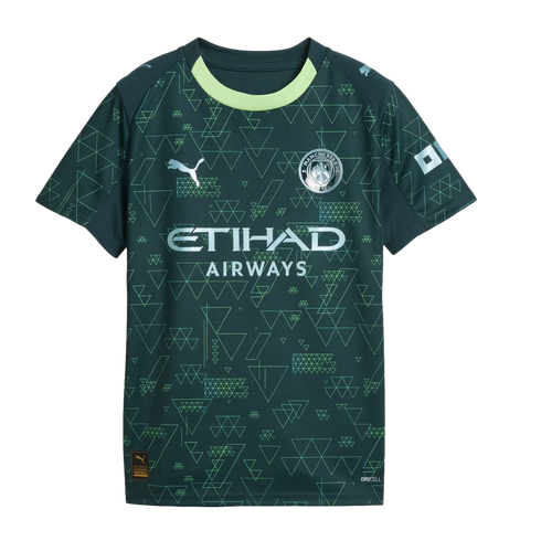 Dark green Manchester City jersey with light green geometric triangle patterns, yellow collar, silver Puma logo, team crest, and Etihad Airways sponsor logo.
