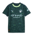 Dark green Manchester City jersey with light green geometric triangle patterns, yellow collar, silver Puma logo, team crest, and Etihad Airways sponsor logo.