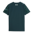 Back view of a dark teal Puma soccer jersey featuring lime green geometric patterns on short sleeves and small silver logos on the upper back neck.