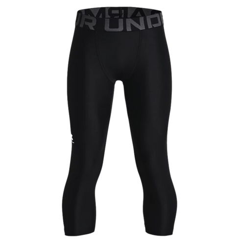 Black Under Armour 3/4 length compression leggings with a grey branded waistband and small logo on the leg, shown on a black background.