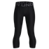 Black Under Armour 3/4 length compression leggings with a grey branded waistband and small logo on the leg, shown on a black background.