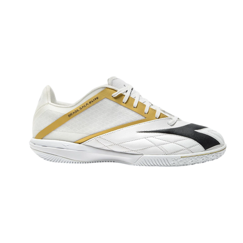 White Diadora Brasil Sala Elite indoor soccer shoe with gold accents and a black logo, shown in profile against a black background.