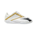 White Diadora Brasil Sala Elite indoor soccer shoe with gold accents and a black logo, shown in profile against a black background.