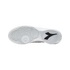 Sole of a white Diadora athletic shoe showing intricate traction patterns and a black brand logo, set against a plain black background.