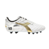 Profile of a white Diadora soccer cleat with a metallic gold logo and the number 10 on the heel. It has white laces and black studs, set against a solid black background.