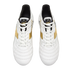 A top-down view of a pair of white leather soccer cleats with metallic gold side stripes and white laces, set against a solid black background.