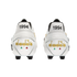 Rear view of two white leather soccer cleats featuring gold embroidered Diadora logos and the year '1994' in black on the heels, set against a solid black background.